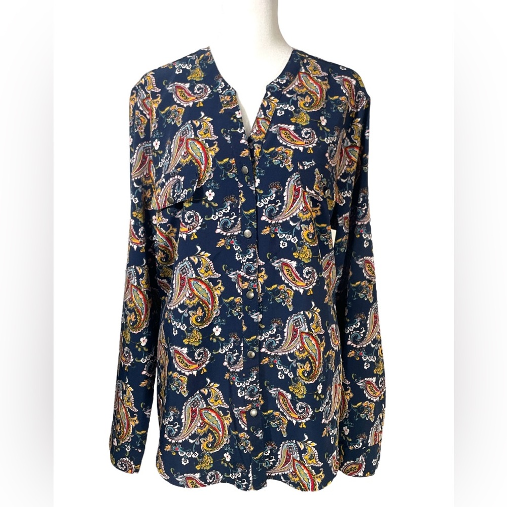 Laura Scott navy long sleeve button paisley blouse Size XL